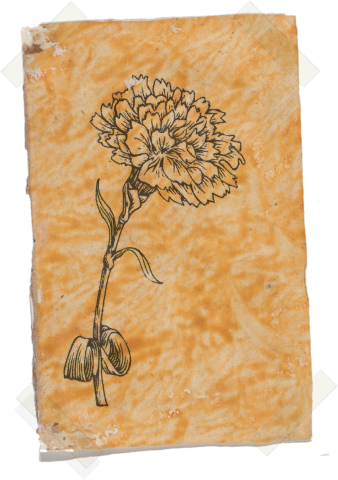 A line drawing of a carnation, on a worn sheet of decorative orange paper, held to a white sheet of paper by yellowed adhesive tape. One corner has come detached.